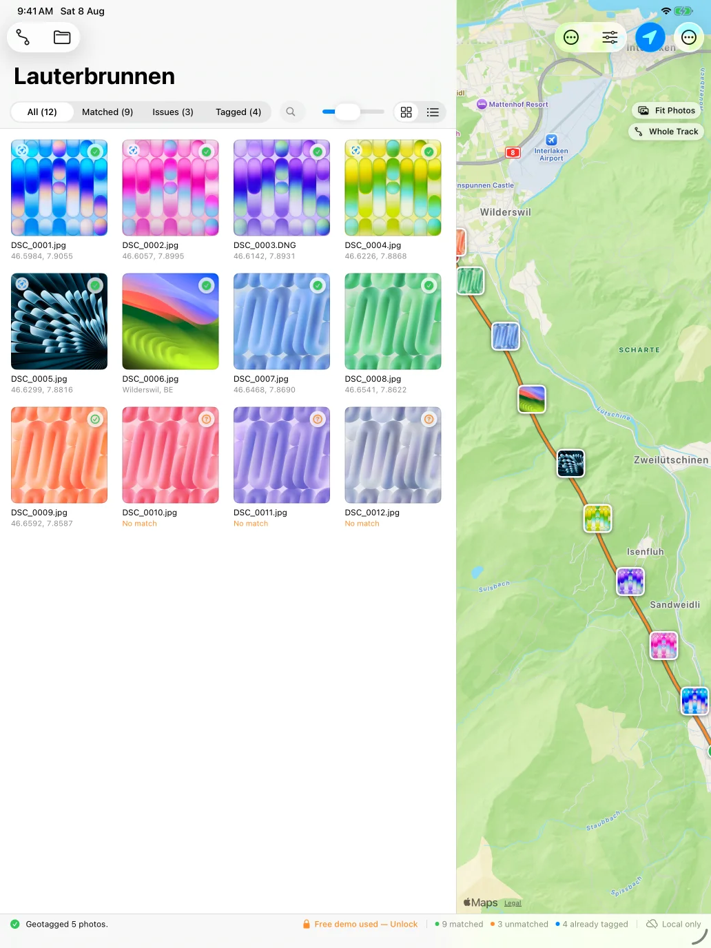 EasyGeotag on iPad, showing the photo grid beside the map with the track and photo pins.