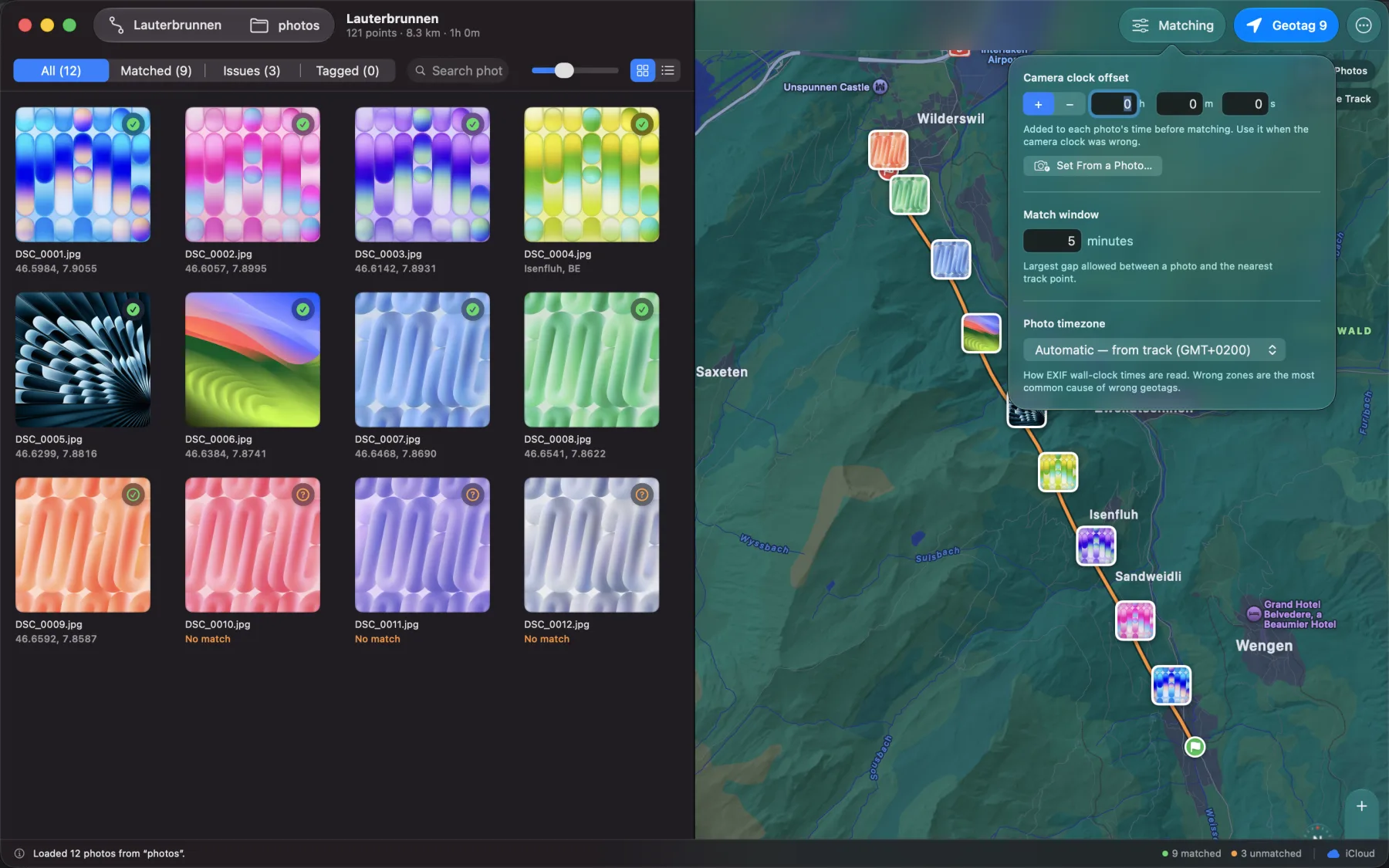 EasyGeotag on macOS with the matching controls open: camera clock offset, match window and photo timezone.