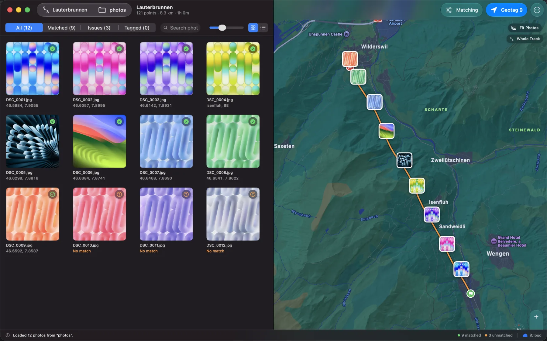 EasyGeotag on macOS: a grid of twelve photographs with coordinates beneath each, beside a map showing the recorded track with photo pins along it.