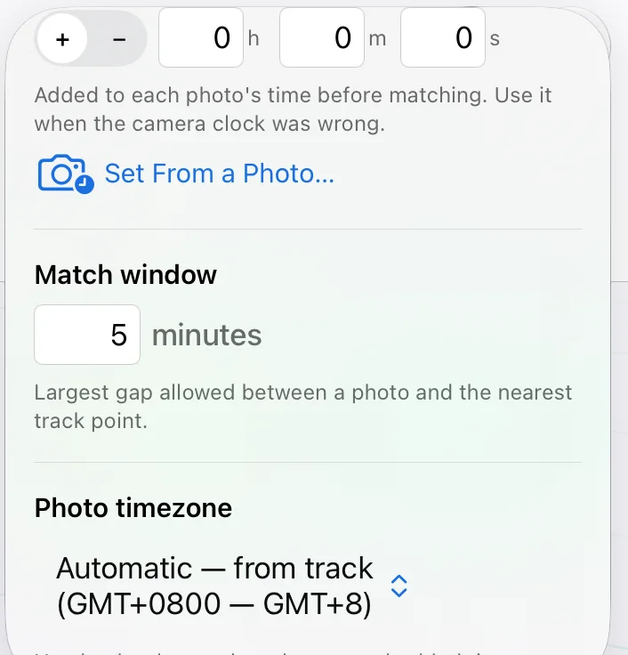 The EasyGeotag matching controls: a camera clock offset in hours, minutes and seconds with a Set From a Photo button, a match window of 5 minutes, and a photo timezone reading Automatic — from track, GMT+0800.