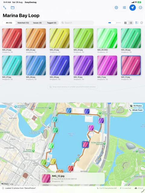 EasyGeotag on iPad: a grid of photos above a map with the track and photo pins.