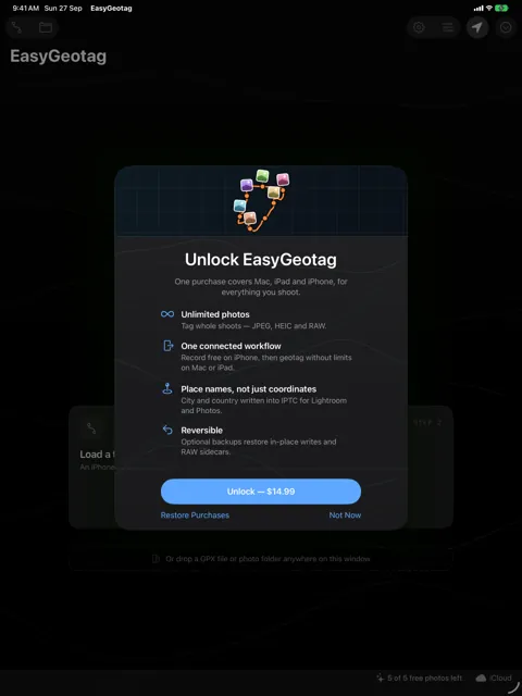 EasyGeotag on iPad showing the one-time purchase screen.