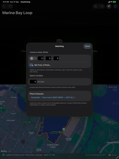 EasyGeotag on iPad with the matching controls over the map.