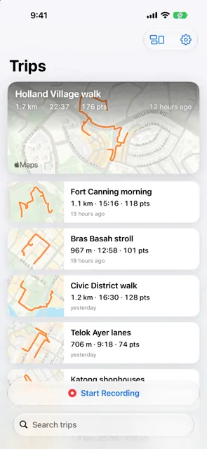 EasyGeotag on iPhone: the list of recorded trips with route previews.