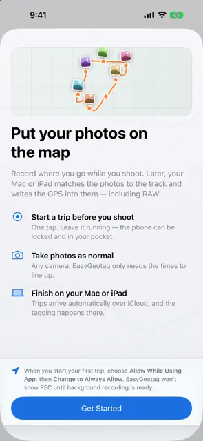 EasyGeotag on iPhone: the welcome screen explaining record, shoot and geotag.