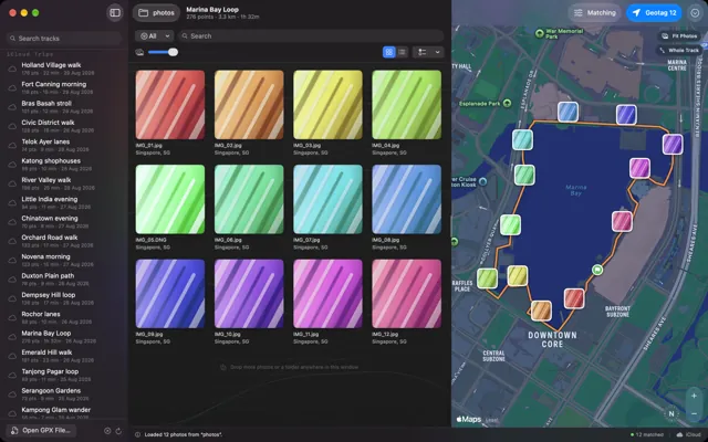 EasyGeotag on Mac: trips in the sidebar, matched photos and the GPS track on a map.