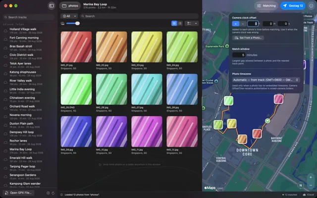 EasyGeotag on Mac with the matching controls: camera clock offset, match window and photo timezone.